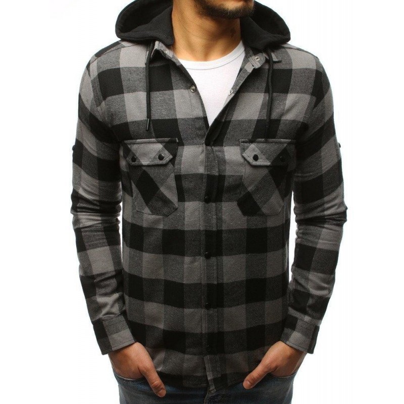 Pánska casual košeľa s kapucňou (dx1694) - sivo-čierna