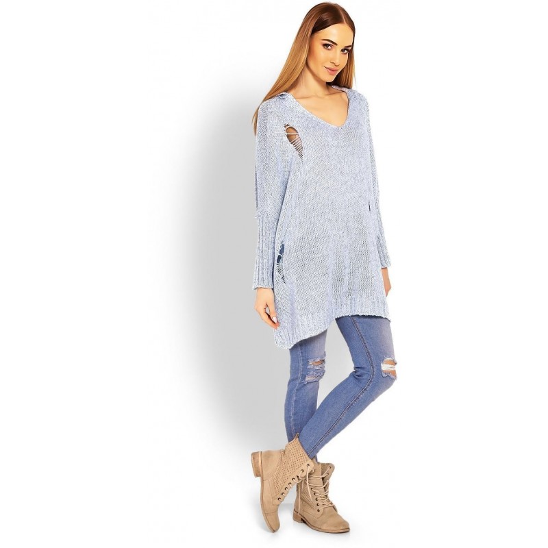 Dámsky sveter s kapucňou 30055 - svetlomodrý