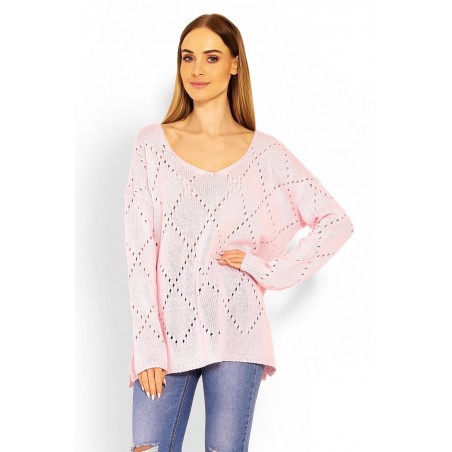 Ažúrový dámsky ružový sveter 30058