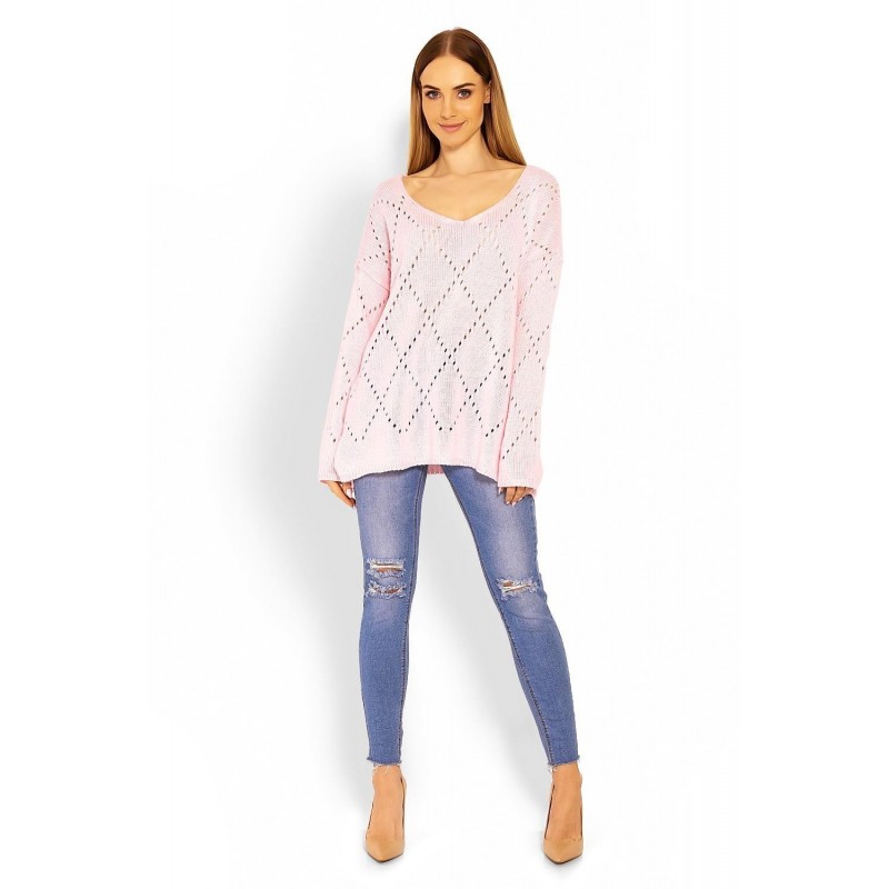 Ažúrový dámsky ružový sveter 30058