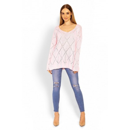 Ažúrový dámsky ružový sveter 30058