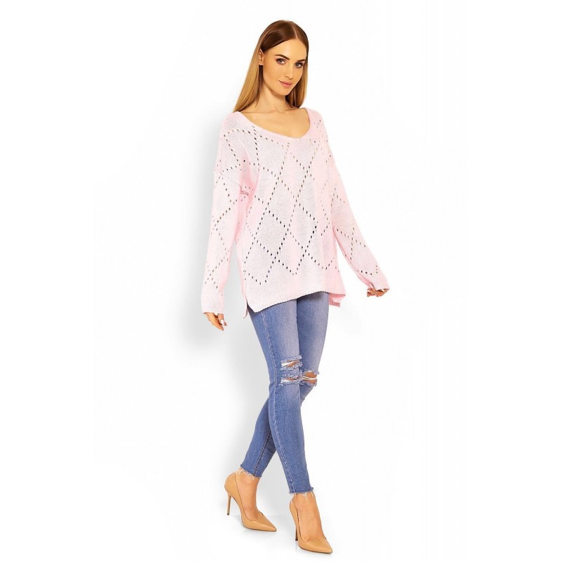 Ažúrový dámsky ružový sveter 30058
