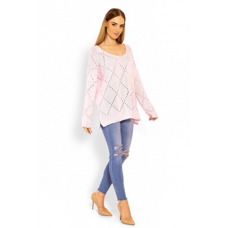 Ažúrový dámsky ružový sveter 30058