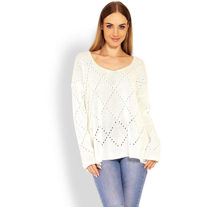 Ažúrový dámsky ecru sveter 30058
