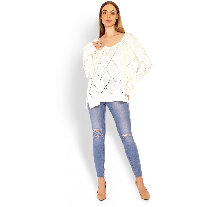 Ažúrový dámsky ecru sveter 30058