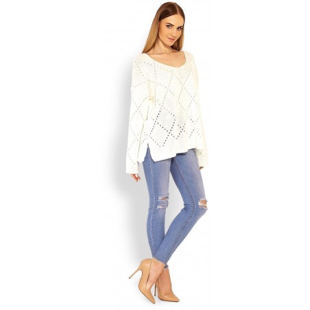 Ažúrový dámsky ecru sveter 30058