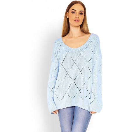 Ažúrový dámsky svetlomodrý sveter 30058