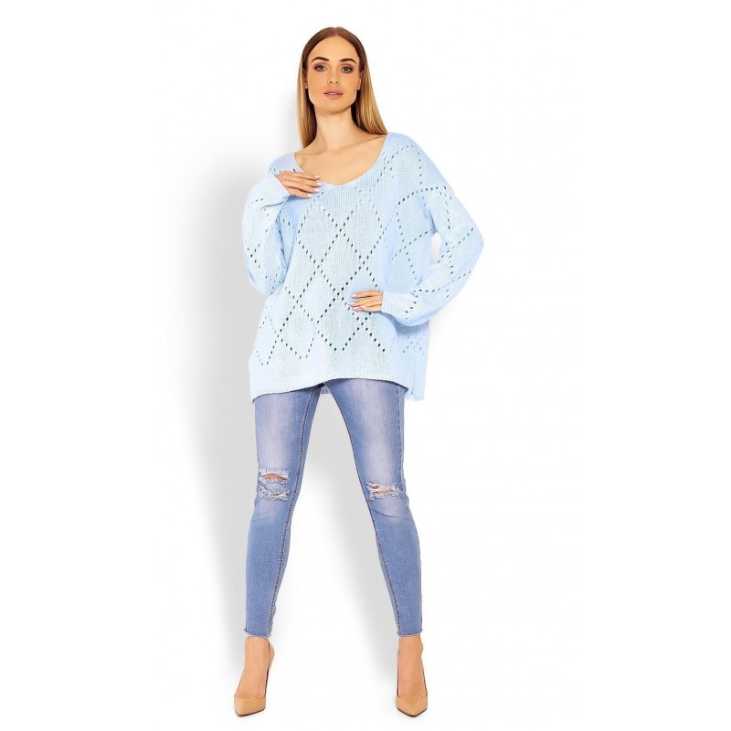 Ažúrový dámsky svetlomodrý sveter 30058