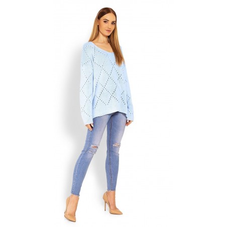 Ažúrový dámsky svetlomodrý sveter 30058