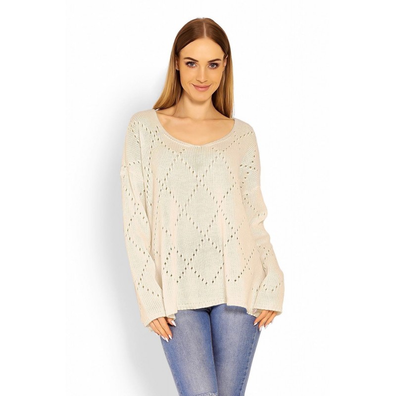 Ažúrový dámsky béžový sveter 30058