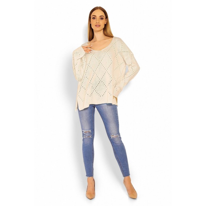 Ažúrový dámsky béžový sveter 30058
