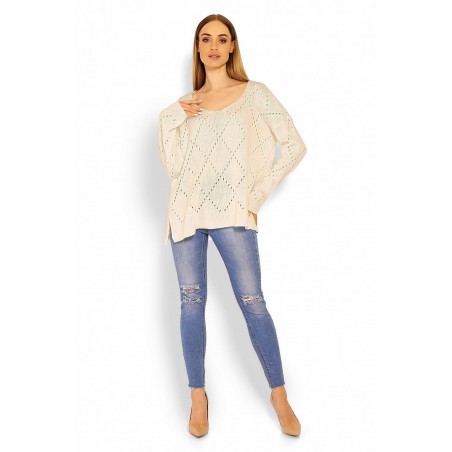 Ažúrový dámsky béžový sveter 30058