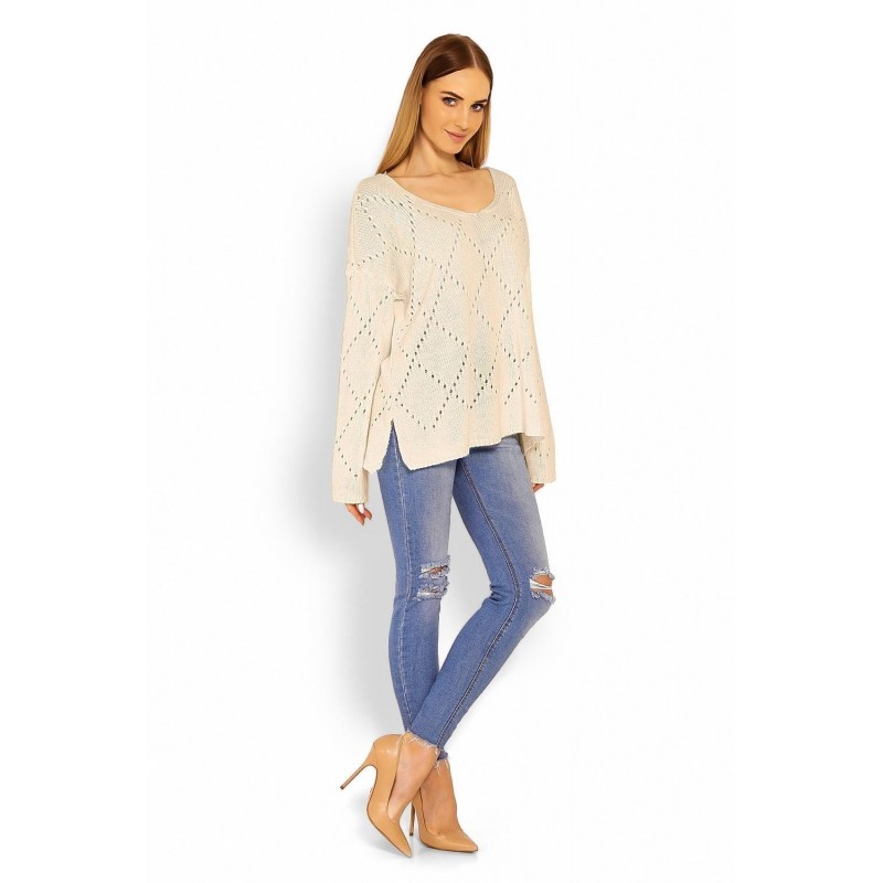 Ažúrový dámsky béžový sveter 30058