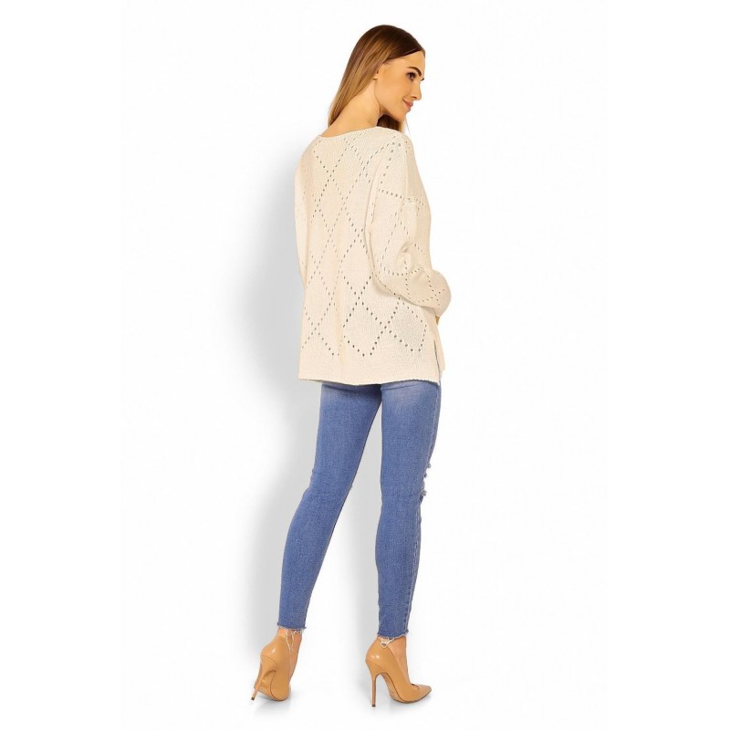 Ažúrový dámsky béžový sveter 30058