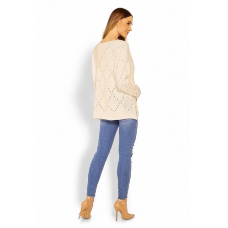 Ažúrový dámsky béžový sveter 30058