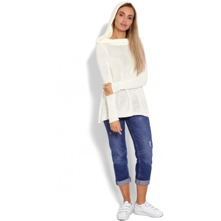 Dámsky sveter s kapucňou 40016 - krémový