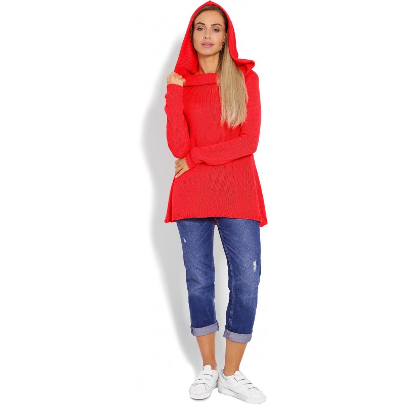 Dámsky sveter s kapucňou 40016 - neónovo korálový