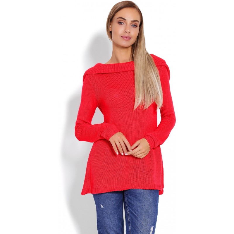 Dámsky sveter s kapucňou 40016 - neónovo korálový