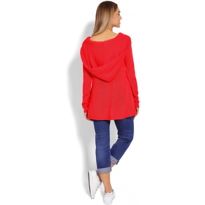 Dámsky sveter s kapucňou 40016 - neónovo korálový