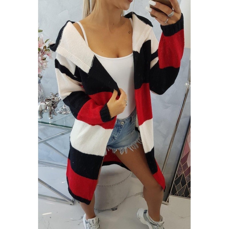 Pruhovaný dámsky kardigán 2019-25 - ecru-čierny-červený