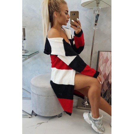 Pruhovaný dámsky kardigán 2019-25 - ecru-čierny-červený