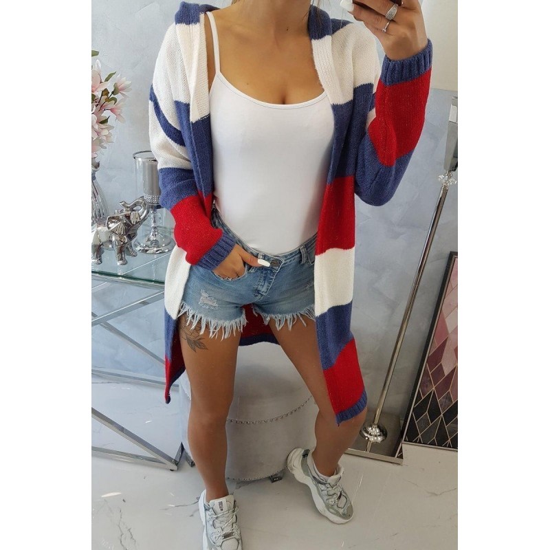 Pruhovaný dámsky kardigán 2019-25 - ecru-modrý-červený