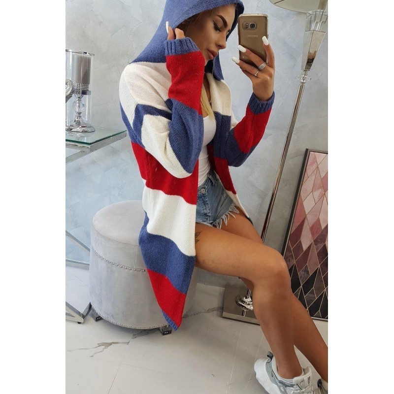 Pruhovaný dámsky kardigán 2019-25 - ecru-modrý-červený