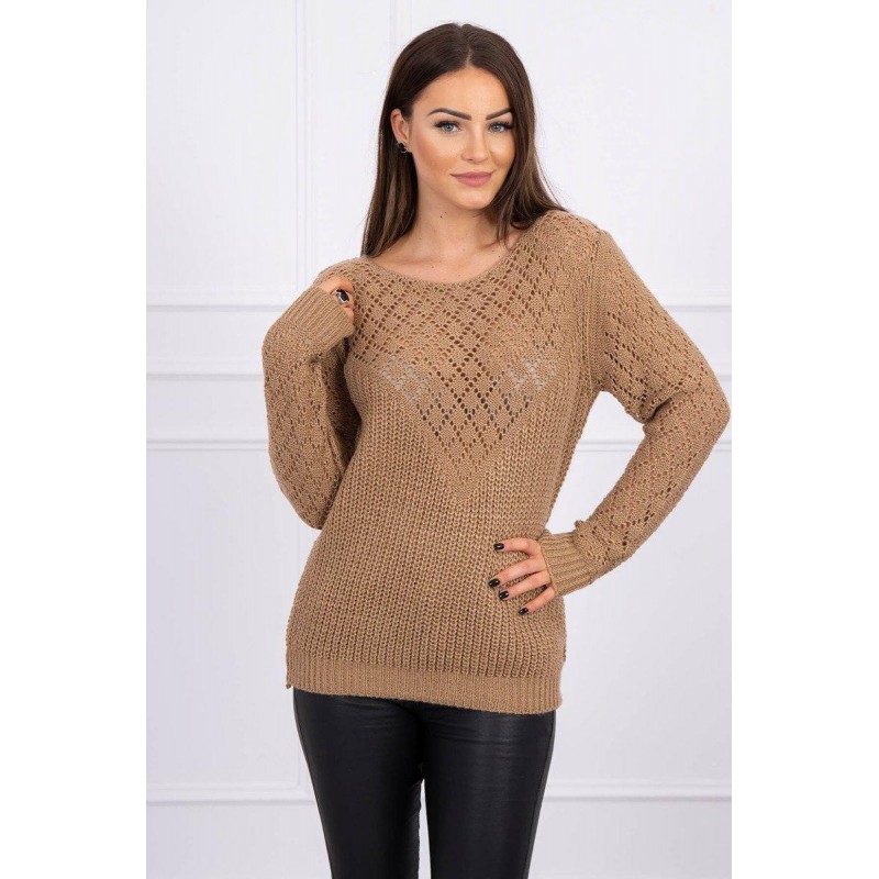 Dámsky sveter s ažúrovým vzorom 2019-39 - kamelový