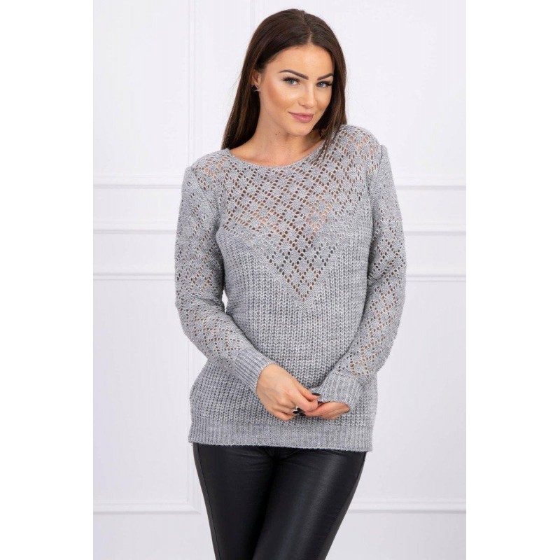 Dámsky sveter s ažúrovým vzorom 2019-39 - sivý