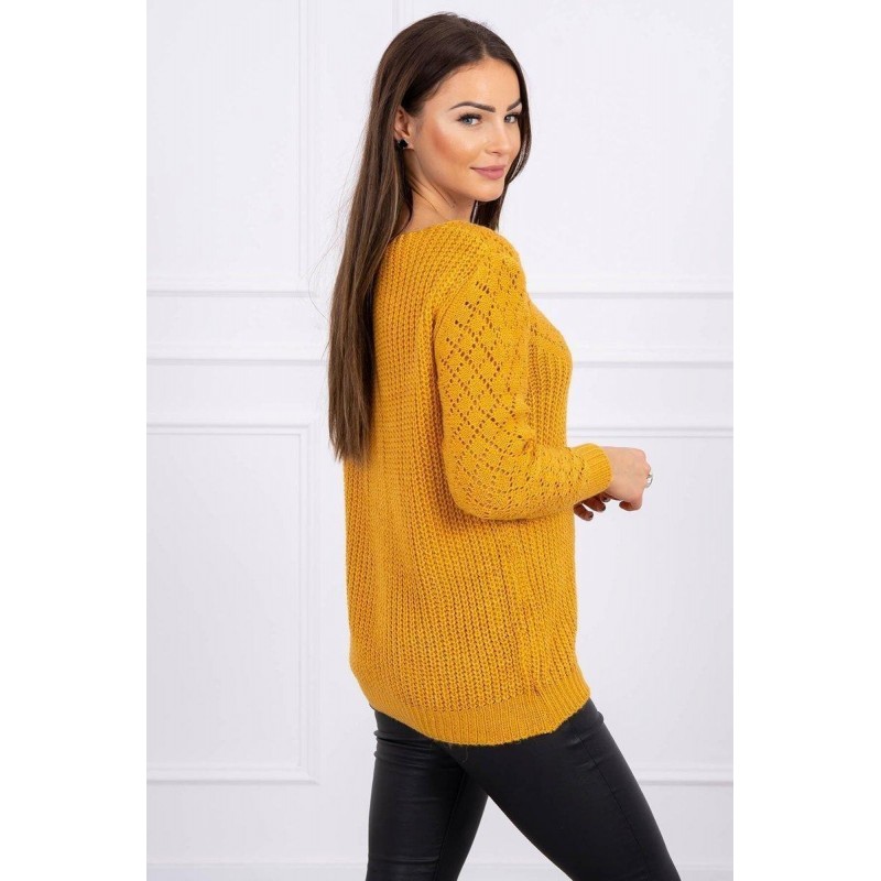 Dámsky sveter s ažúrovým vzorom 2019-39 - horčicový