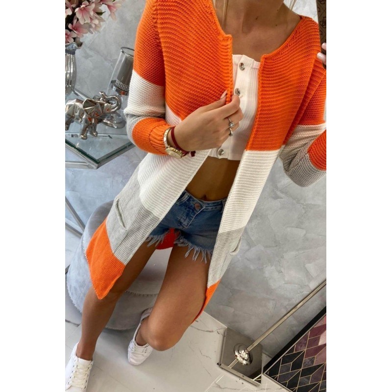 Pruhovaný dámsky kardigán 2019-12 - ecru-oranžový