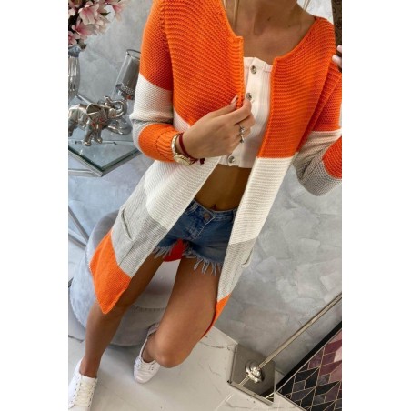 Pruhovaný dámsky kardigán 2019-12 - ecru-oranžový