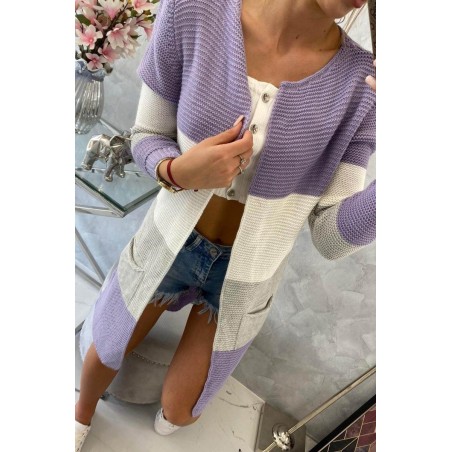 Pruhovaný dámsky kardigán 2019-12 - ecru-fialový