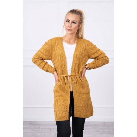 Horčicový dámsky kardigán s opaskom SN-7014