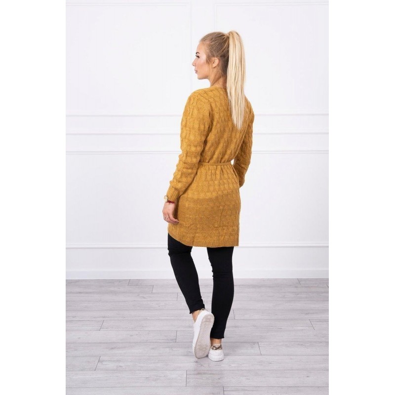 Horčicový dámsky kardigán s opaskom SN-7014