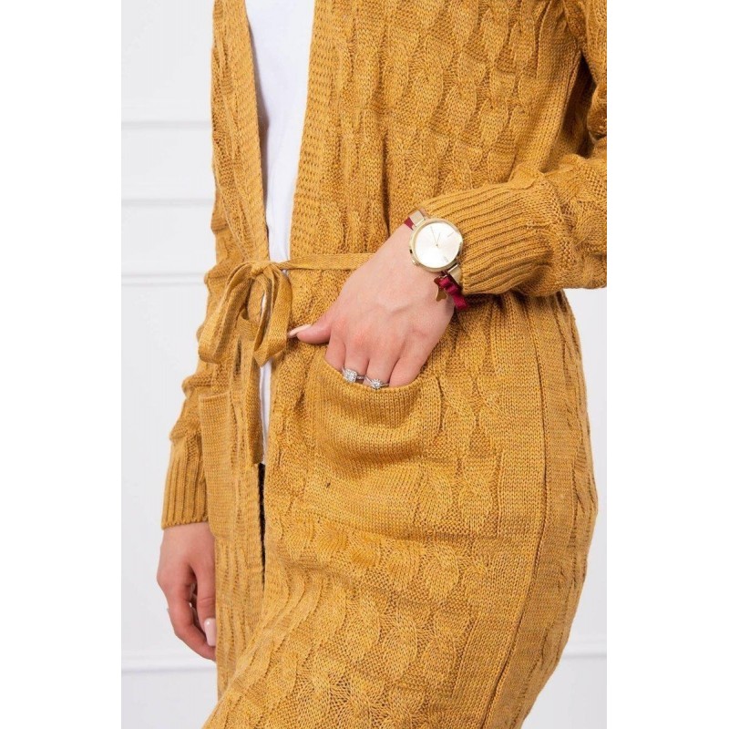 Horčicový dámsky kardigán s opaskom SN-7014
