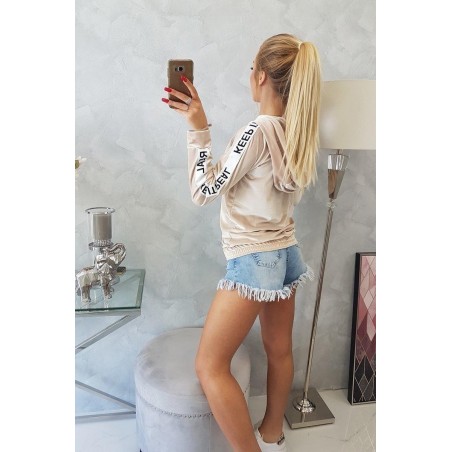 Dámska velúrová mikina s kapucňou 9101 - béžová