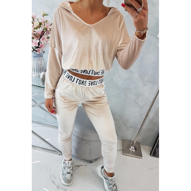 Velúrová dámska tepláková súprava 9104 - béžová