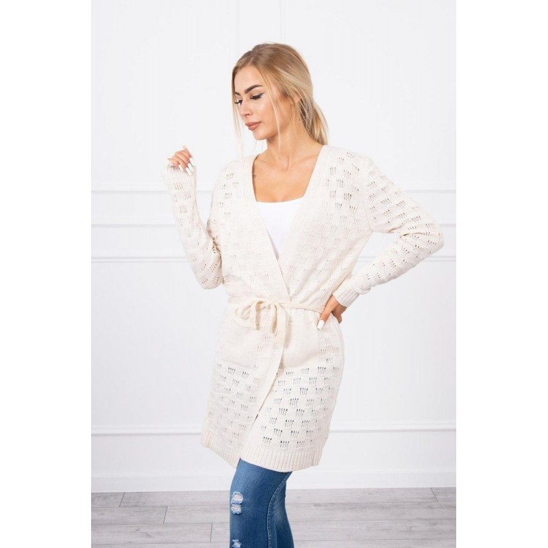 Ecru dámsky kardigán s opaskom SN-7005