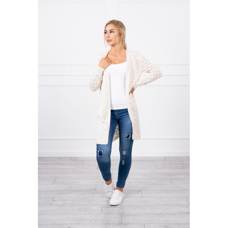 Ecru dámsky kardigán s opaskom SN-7005
