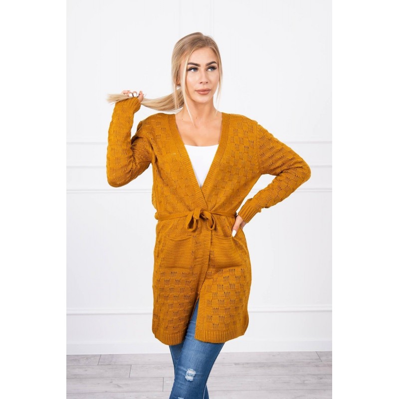 Horčicový dámsky kardigán s opaskom SN-7005