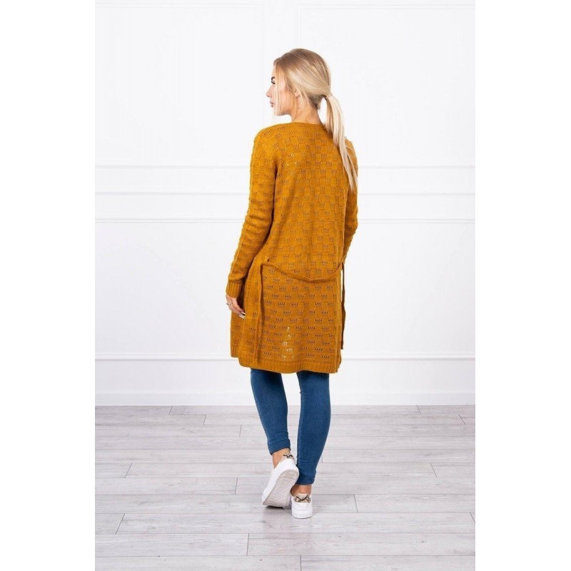 Horčicový dámsky kardigán s opaskom SN-7005