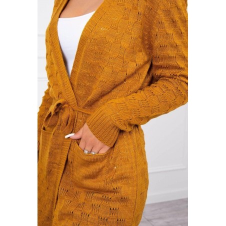 Horčicový dámsky kardigán s opaskom SN-7005