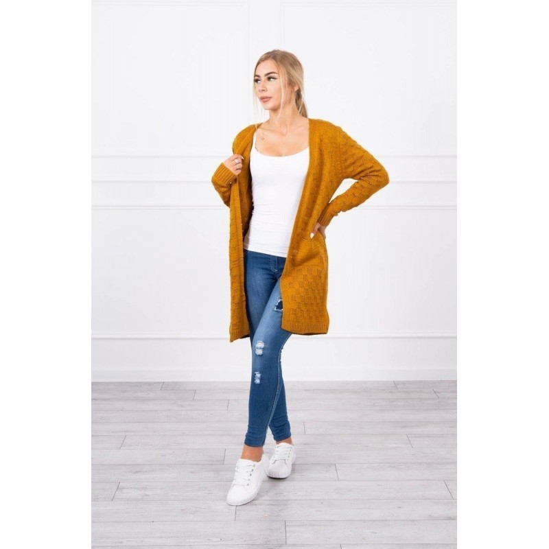 Horčicový dámsky kardigán s opaskom SN-7005