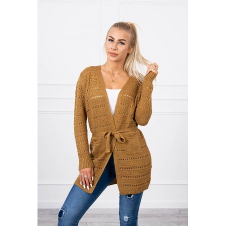 Horčicový dámsky kardigán s jemnými očkami SN-7006