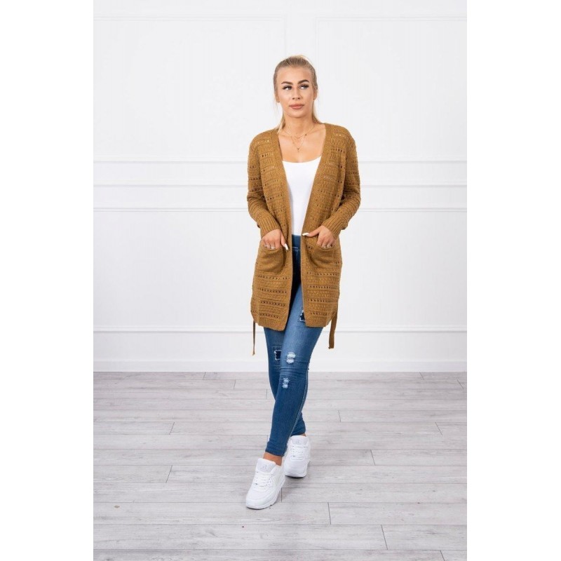Horčicový dámsky kardigán s jemnými očkami SN-7006