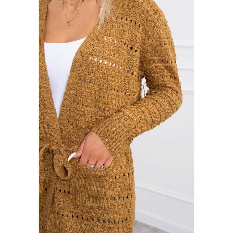 Horčicový dámsky kardigán s jemnými očkami SN-7006