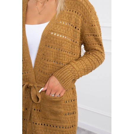Horčicový dámsky kardigán s jemnými očkami SN-7006