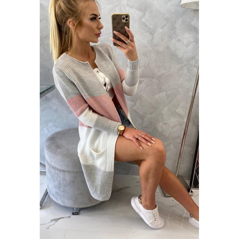Pruhovaný dámsky kardigán 2019-12 - sivo-ružový