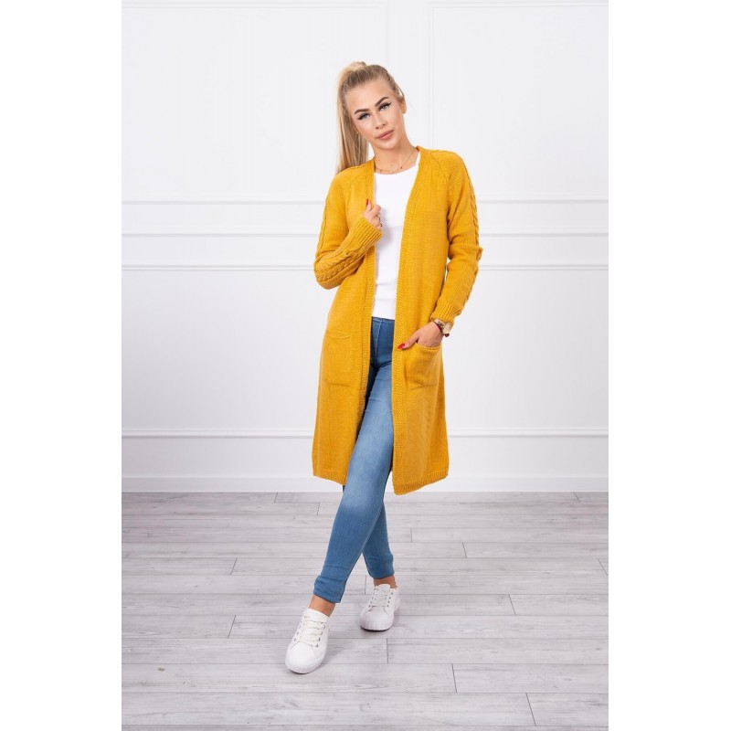 Dámsky horčicový kardigán s vreckami 2020-3